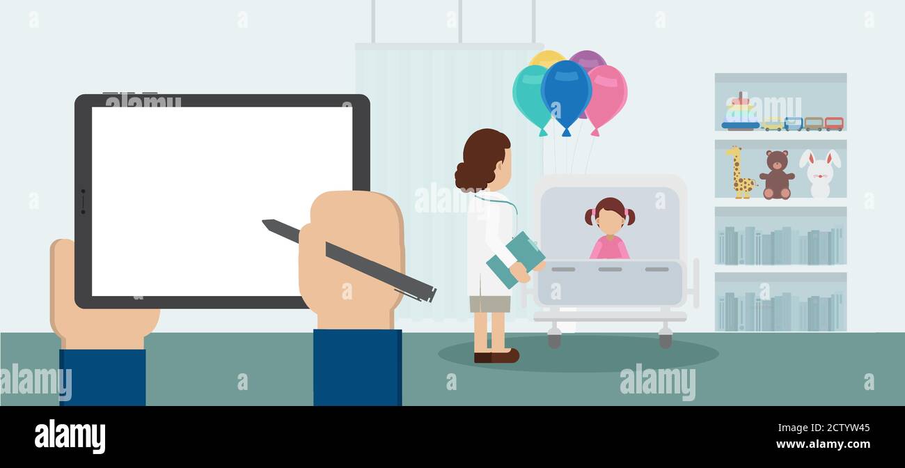 Blank screen tablet in pediatrics ward with doctor and patient flat design vector illustration Stock Vector