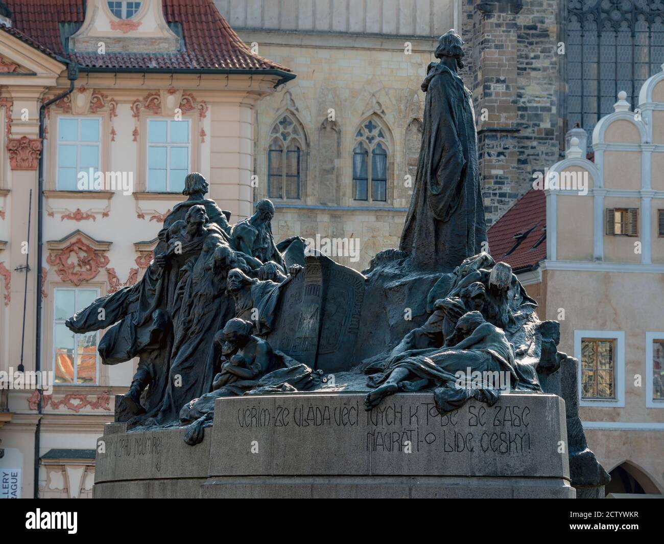 PRAGUE,  CZECH REPUBLIC - JULY 18, 2019:  Jan Hus memorial Statue in the Old Town Square Stock Photo