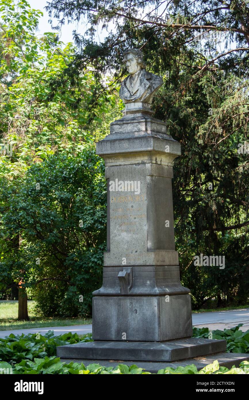 PRAGUE,  CZECH REPUBLIC - JULY 18, 2019:    Josef Dobrovský Monument bust in  Kampa Park Stock Photo