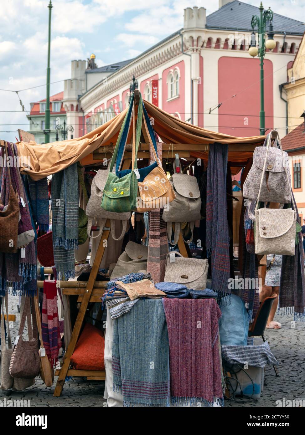 PRAGUE, CZECH REPUBLIC:  Stall selling handbags in  s street market close to the Old Town Stock Photo