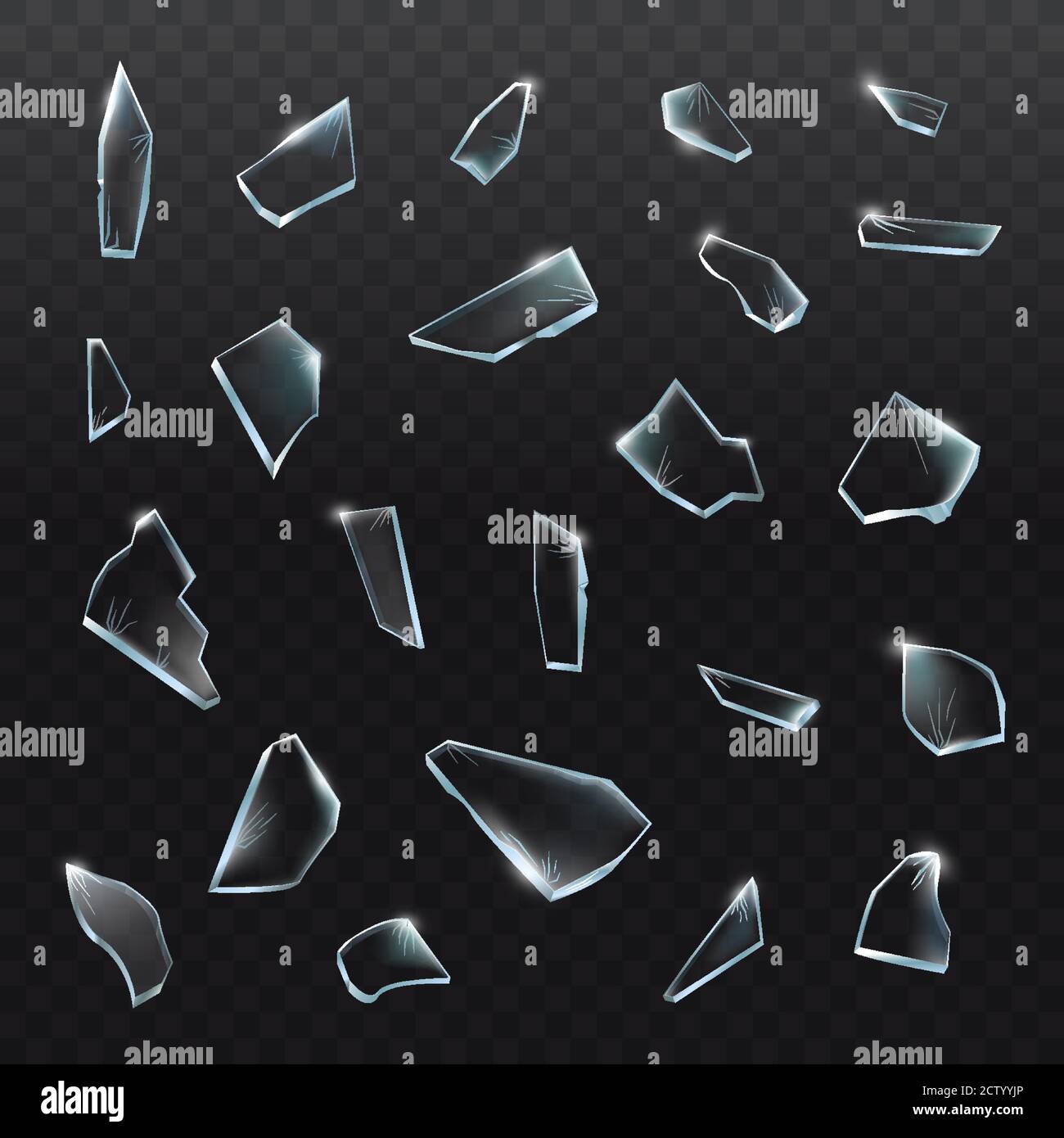 Broken glass pieces. Shattered glass on black background. Vector