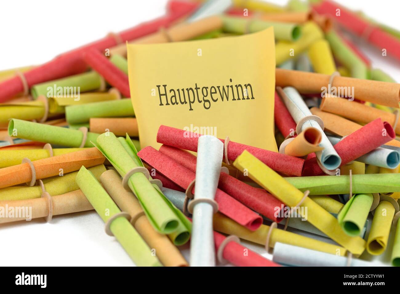 Lots of colorful lottery tickets with the text Hauptgewinn, first prize, jackpot Stock Photo