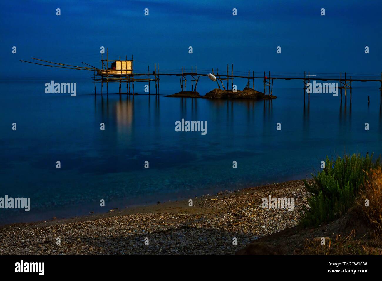 Trabocco in the night in the marine reserve of Punta Aderci. Vasto, Abruzzo, Italy, Europe Stock Photo