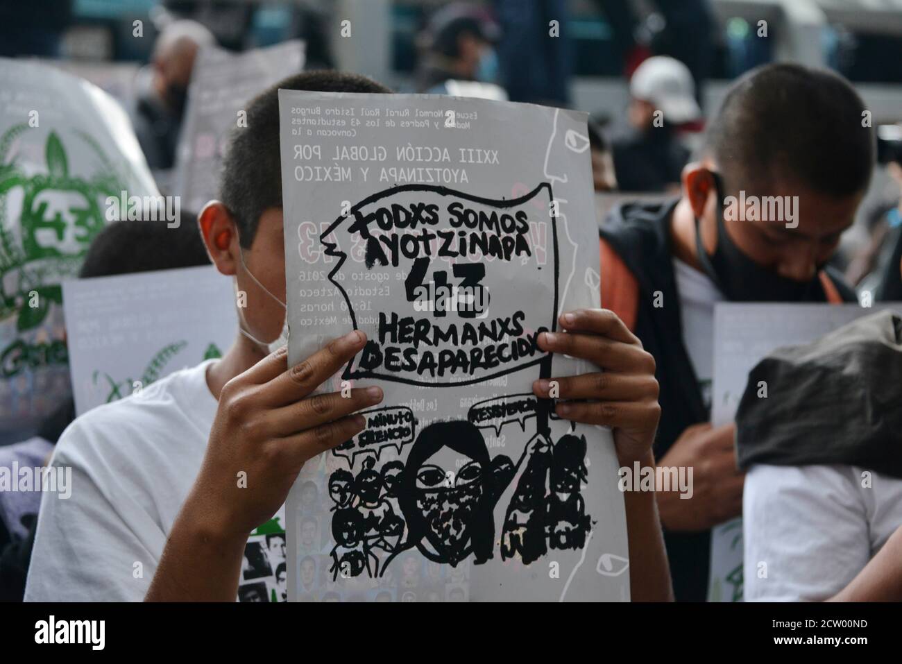 Mexico City, Mexico. 25th Sep, 2020. MEXICO CITY, MEXICO - SEPTEMBER 25: A person joins a protest to commemorate the 6th anniversary of the 43 students of normal school who disappeared on September 26, 2014. Relatives of the 43 students of Ayotzinapa during a demonstration outside of at General Prosecutor of the Republic to demand justice for the 43 students of the 'Raul Isidro Burgos' Rural Normal School of Ayotzinapanon September 25, 2020 in Mexico City, Mexico. Credit: Carlos Tischler/Eyepix Group/The Photo Access Credit: The Photo Access/Alamy Live News Stock Photo