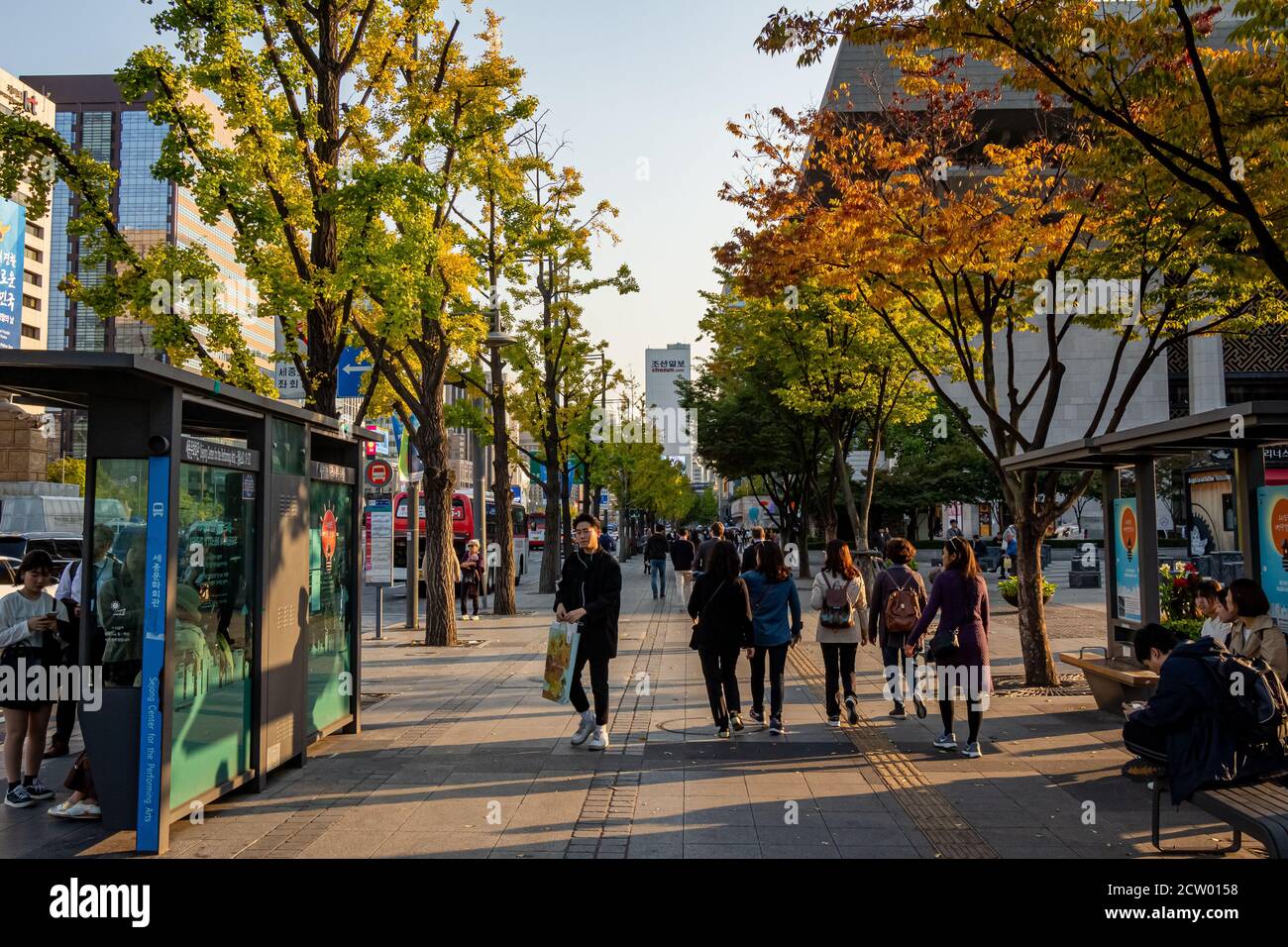 Seoul, South Korea - October 19th 2017: Late afternoon on Sejongno Street at Gwanghwamun Square on an autumn day, Seoul, South Korea Stock Photo