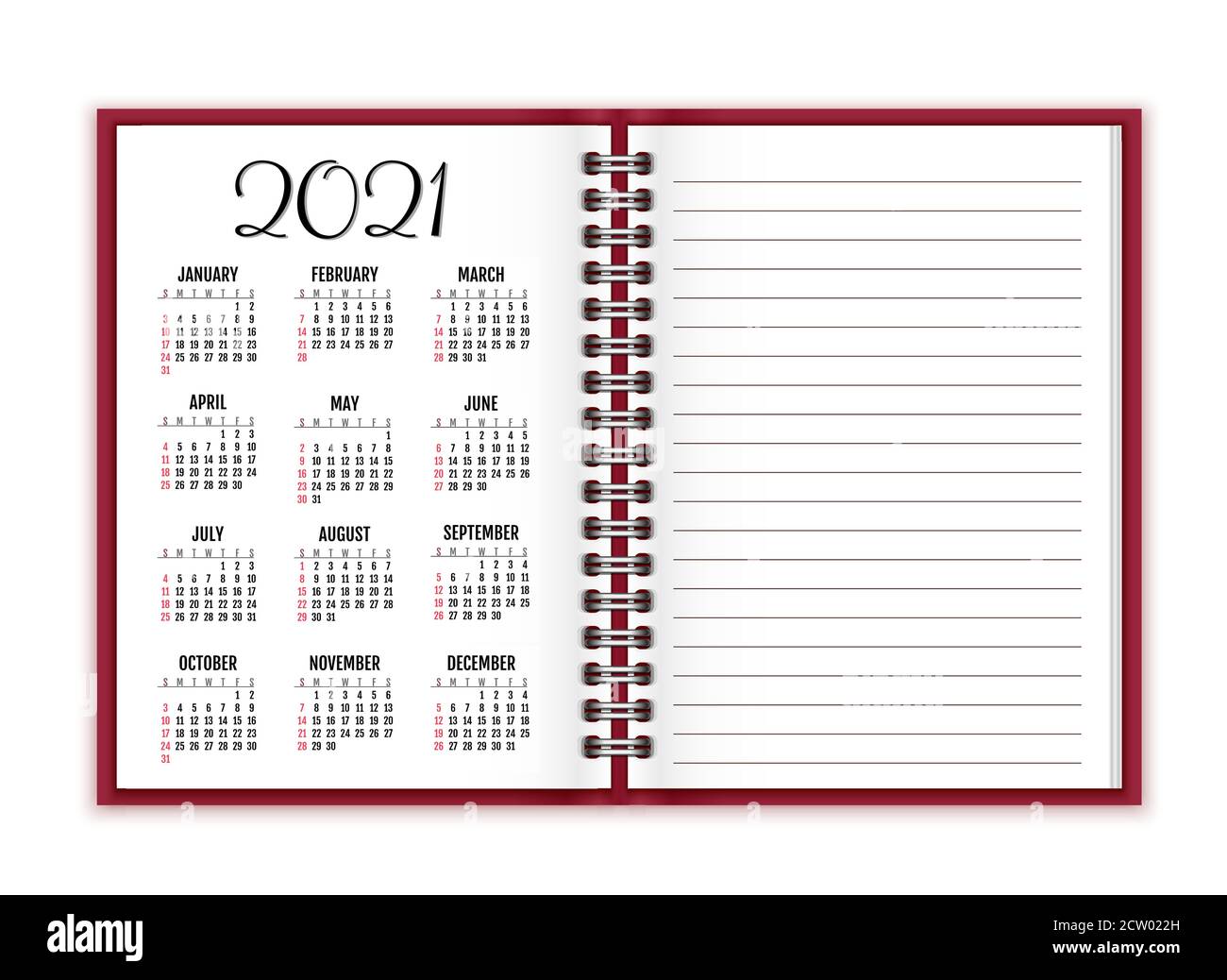 Notebook paper with calendar for 2021 vector background Stock Vector