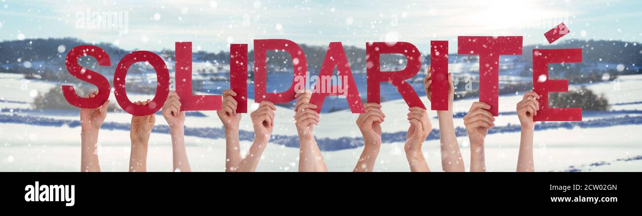 People Hands Holding Word Solidarite Means Solidarity, Snowy Winter Background Stock Photo