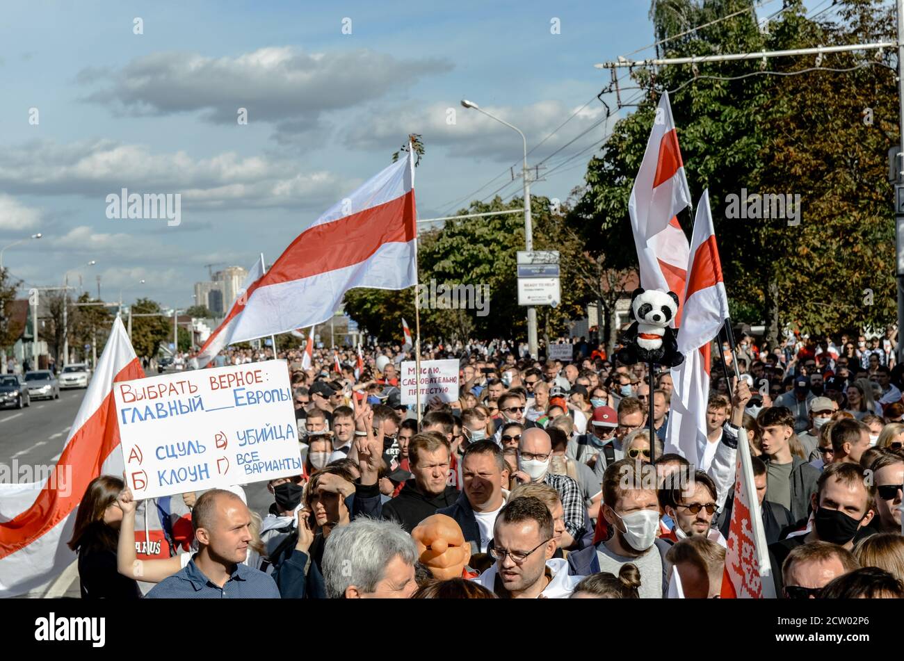 Minsk, Belarus - September 13, 2020: Belarusian people participate in peaceful protest after presidential elections in Belarus. Stock Photo