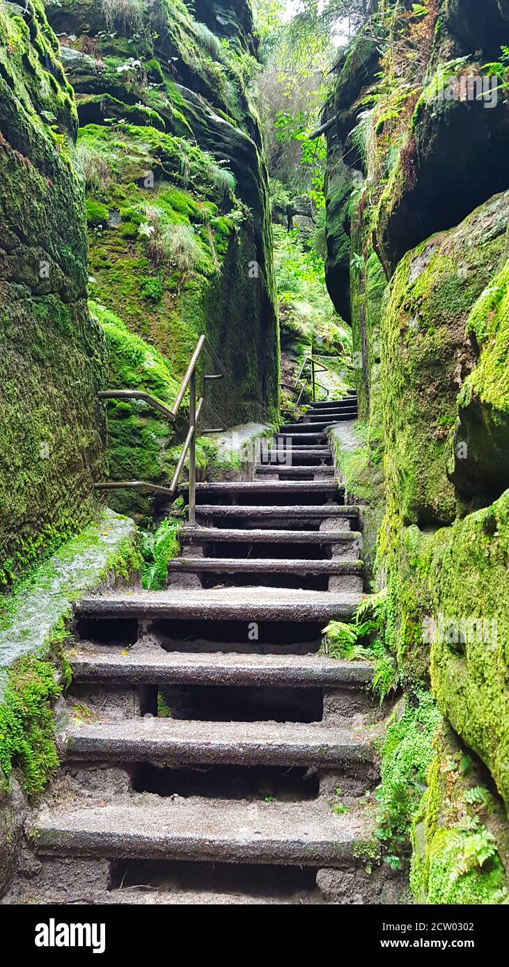 nice Stairs in the Elbe Sandstone Mountains near the Bastei Stock Photo