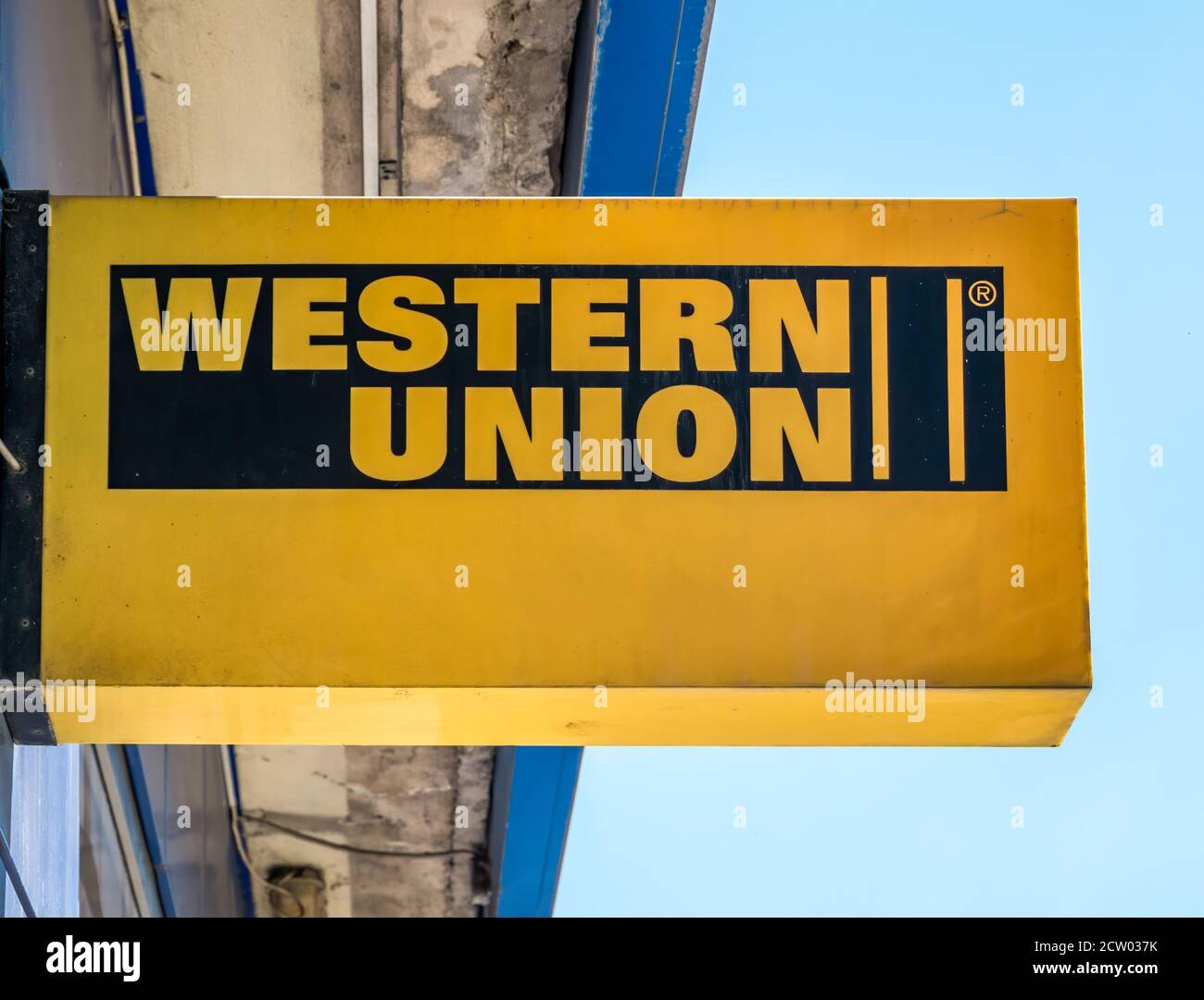 Bucharest/Romania - 09.06.2020: Branch of Western Union money transfer in  BUcharest.. Western Union sign and logo Stock Photo - Alamy