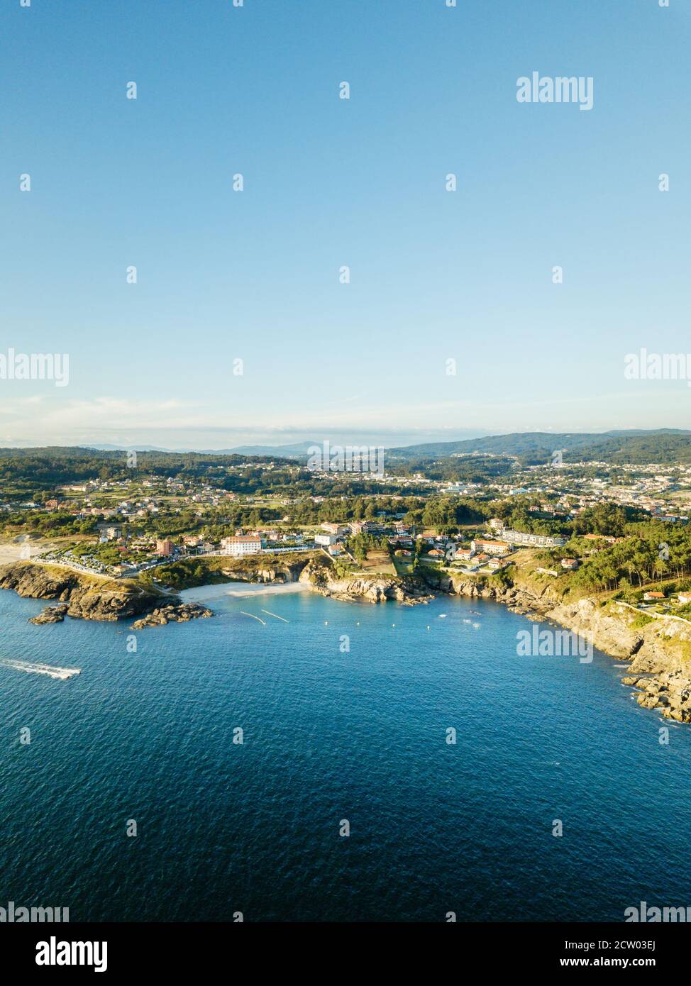 Aerial view of the Galician coast at the opening of the Ria de Pontevedra, were the Atlantic ocean meets the land. Stock Photo
