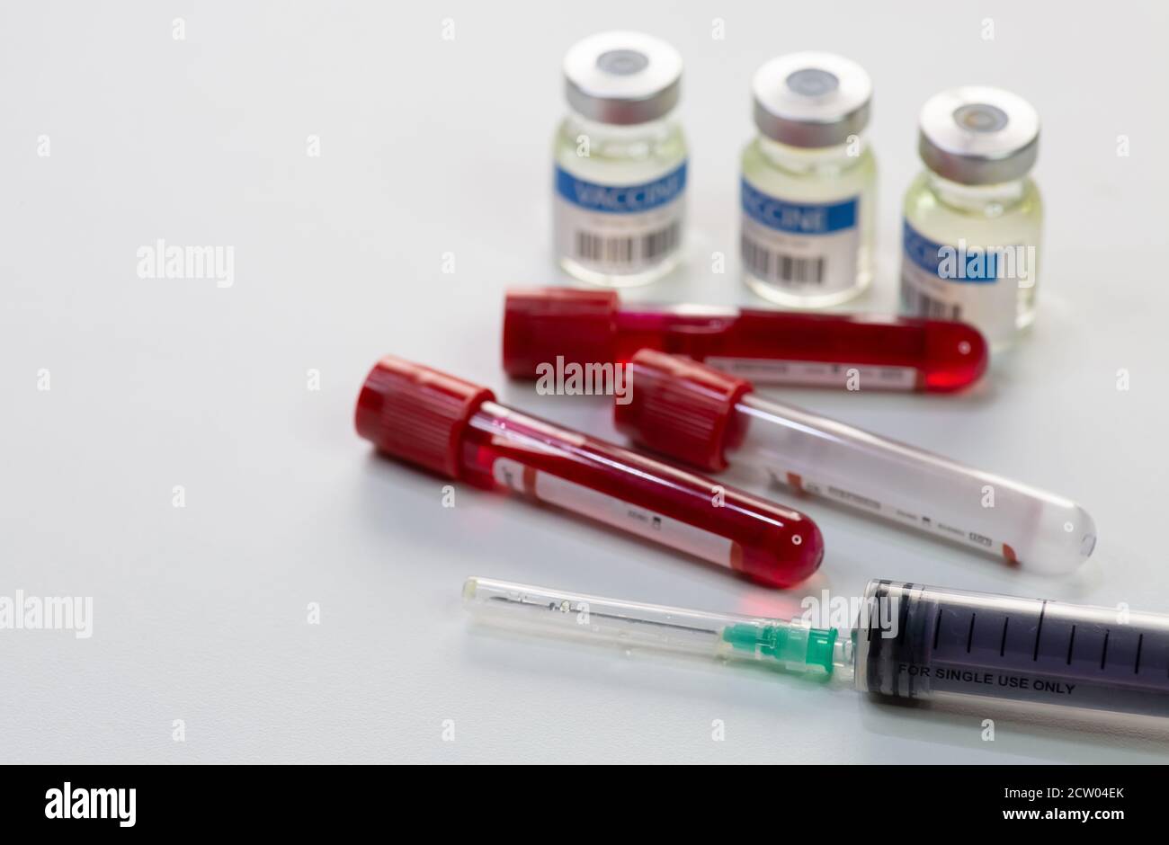 Injection syringe with blood sample vials of patients and vaccine