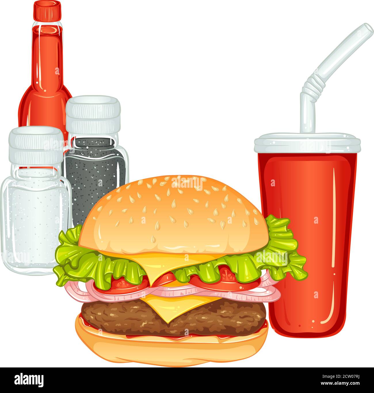 Still life with burger, cola, salt, pepper and sauce. Vector color illustration isolated on white background. Burger Menu. Fast food icon. Stock Vector