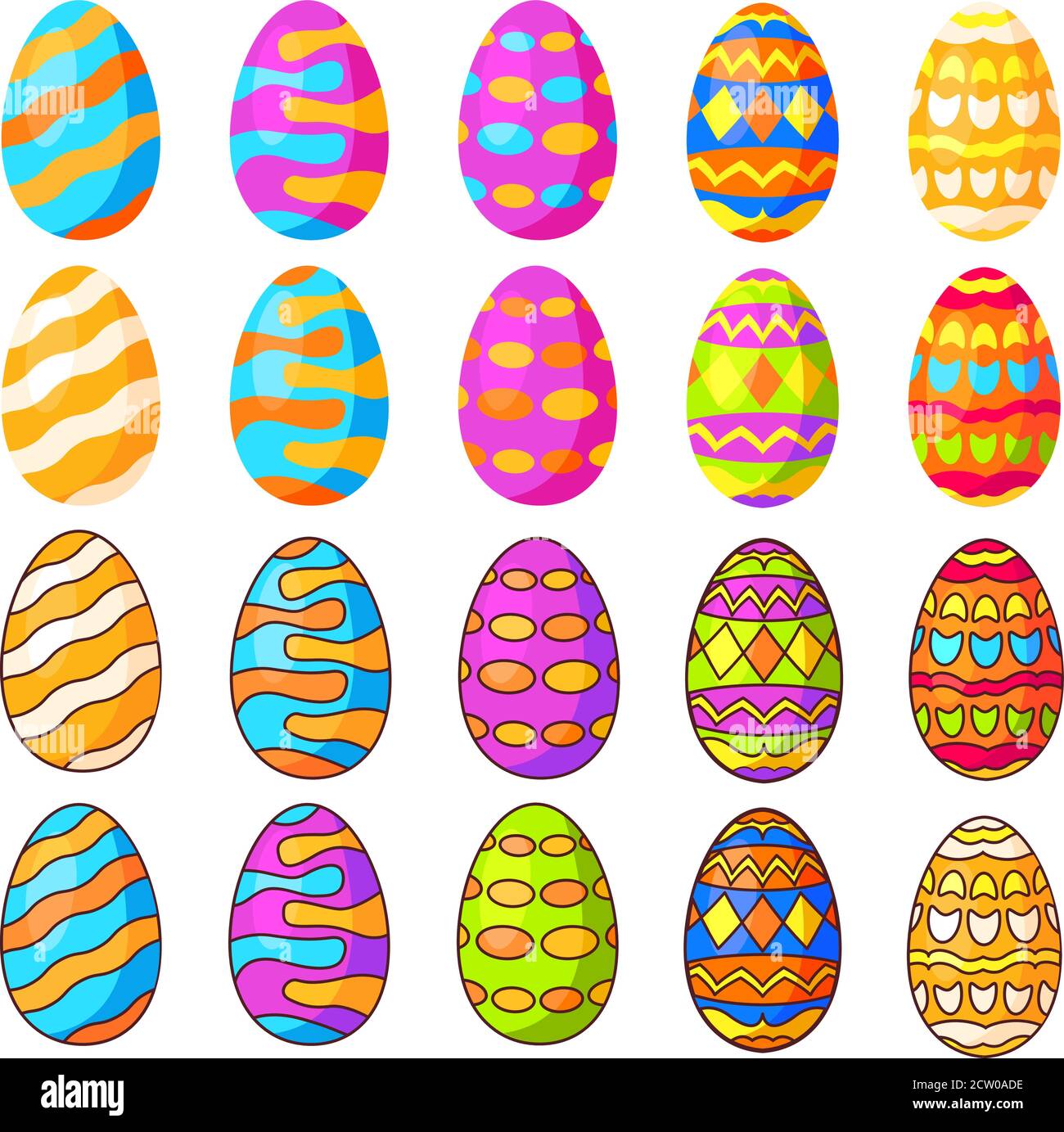 Set of Easter eggs. Spring holiday. Different ornaments. Flat vector line. Stock Vector