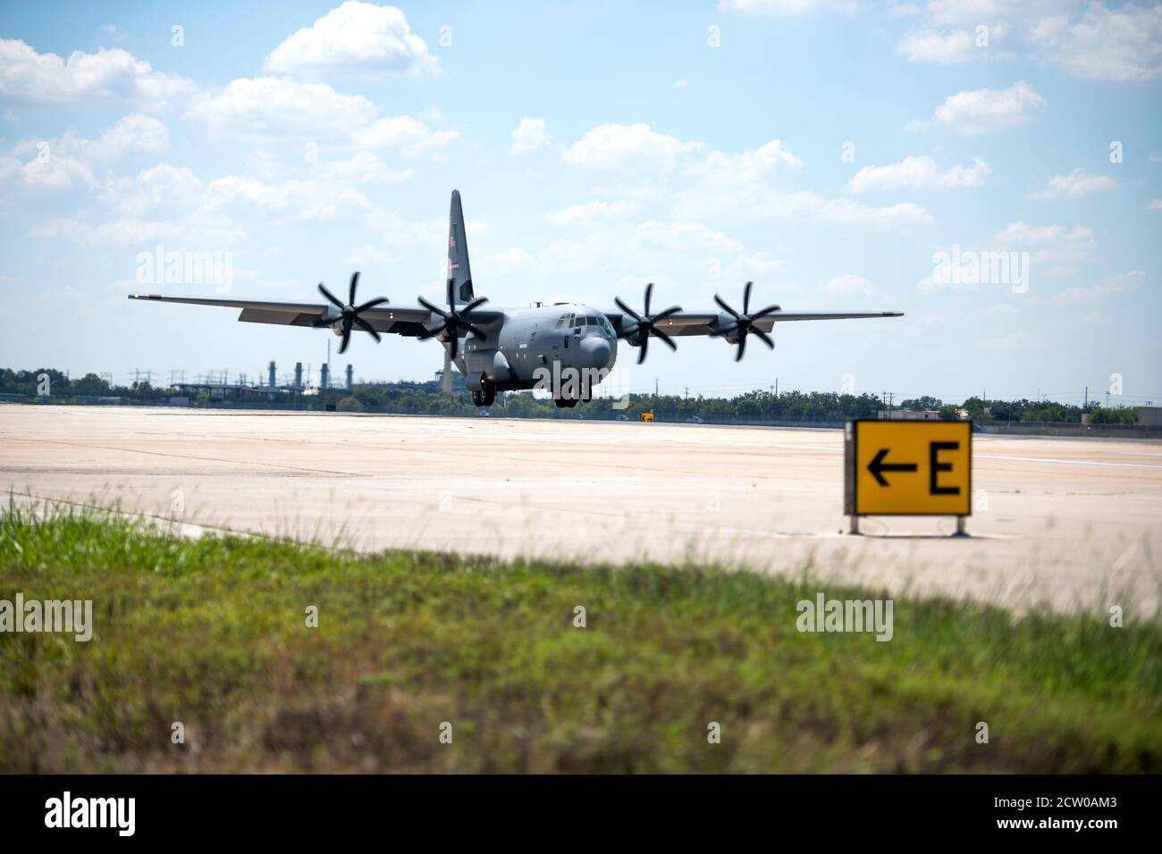 U.S. Air Force C-130Js from the 403rd Wing, Keesler Air Force Base, Miss., arrive Sept. 13, 2020, at Kelly Airfield, Texas. The C-130Js were moved in preparation for Tropical Storm Sally. The aircrafts are from the 53rd Weather Reconnaissance Squadron and the 815th Airlift Squadron. (U.S. Air Force photo by Sarayuth Pinthong) Stock Photo