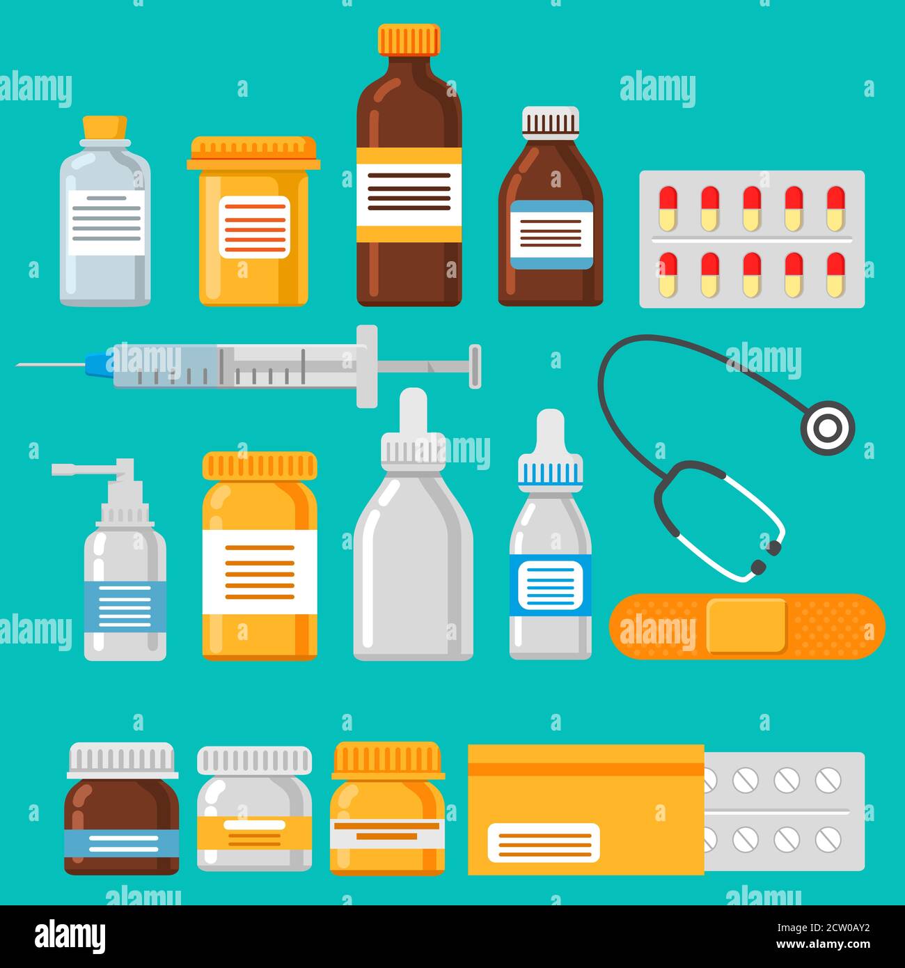 Medical bottle. Plastic jar with labels.Adhesive, syringe, ointment