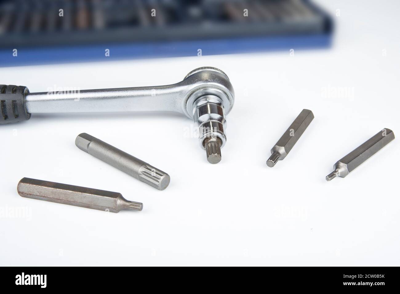 Ratchet with torx bits on a white background Stock Photo