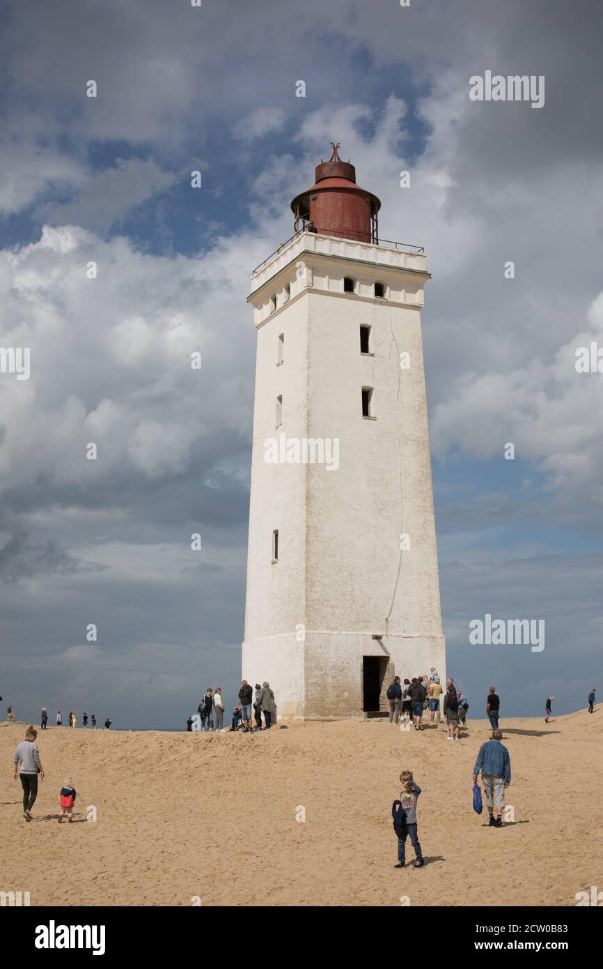 Rubjerg Knude Lighthouse in northern Jutland, which was moved 70 meters inland on skates in 2019 to prevent it from falling into the ocean. Stock Photo