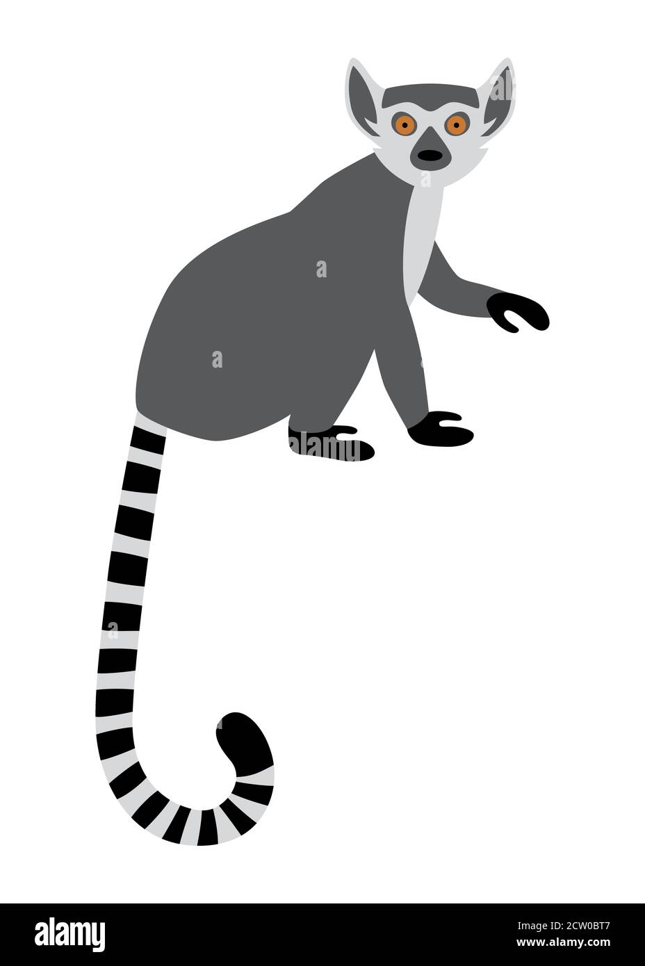 Cute funny ring-tailed lemur sitting. Exotic Lemur catta. Vector illustration in cartoon and flat style Stock Vector