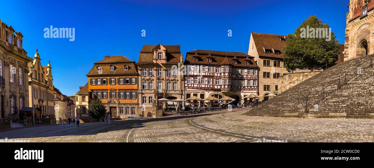 On the market square of Schwaebisch Hall is the church of St. Michael with the large open staircase Stock Photo