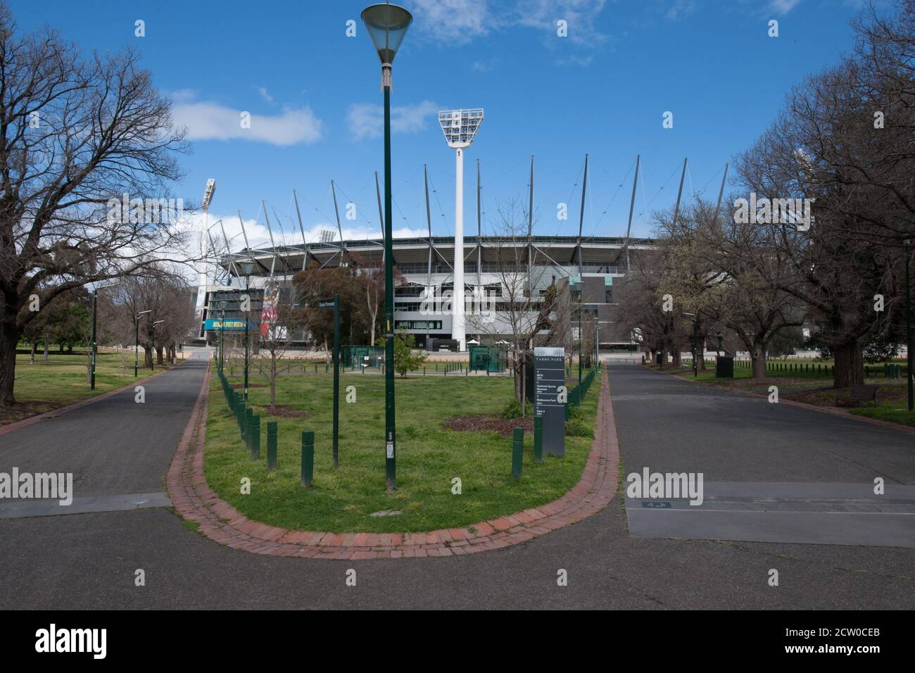 Melbourne, Australia 26 Sep 2020, the grounds around Melbourne Cricket Ground “MCG” empty except for a few members of the public out for a walk, on what would have been the Australian Football League “AFL” Grand Final, Melbourne Australia. Stock Photo