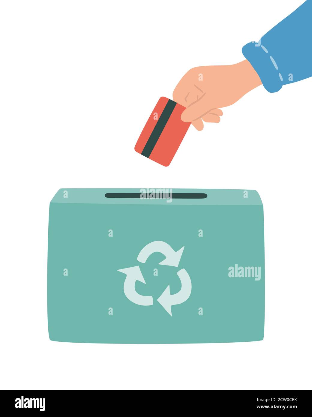 Hand drops off used plastic cards into bin for recycling. Safe disposal