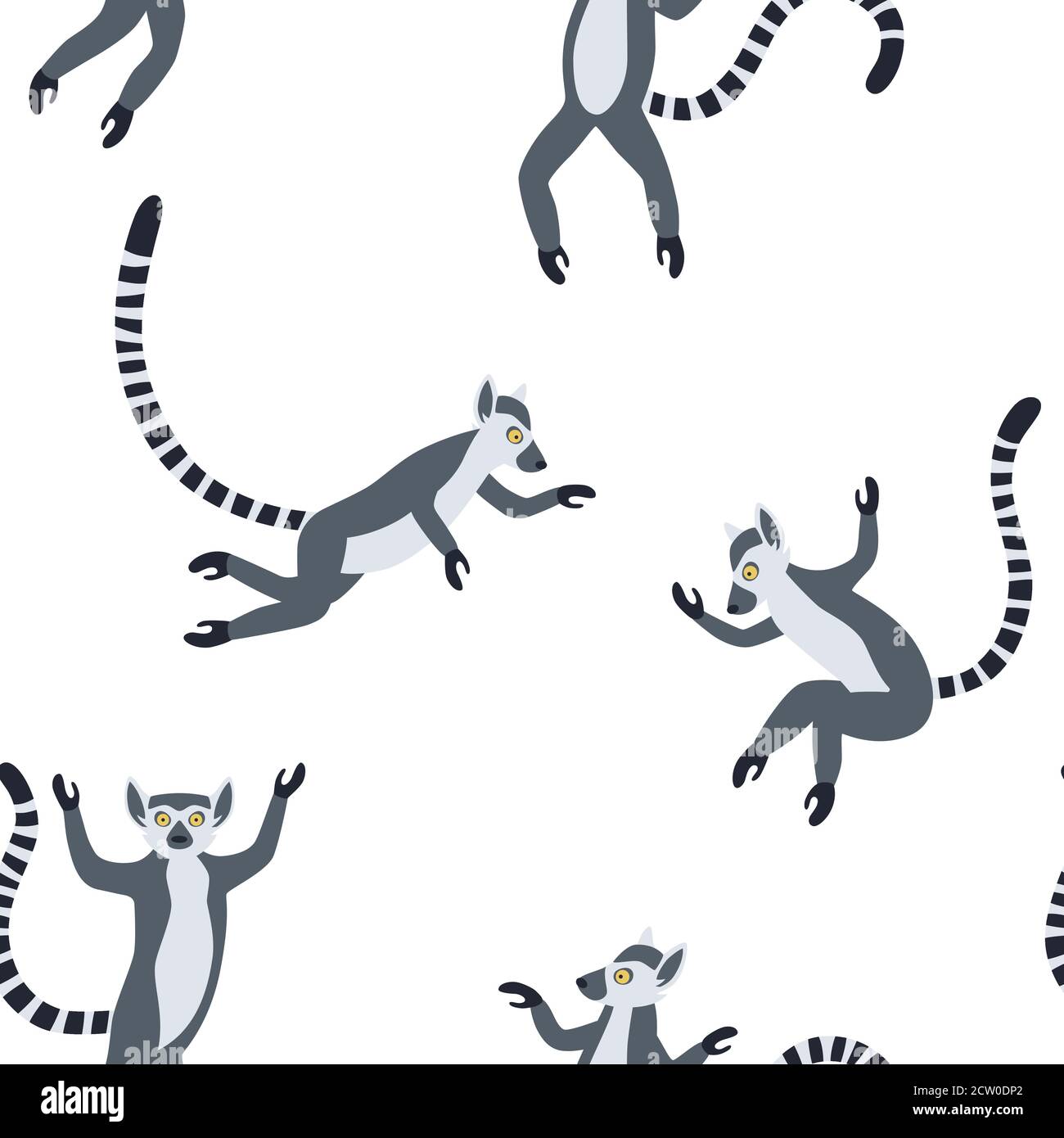 Exotic Madagascan lemurs with long striped tails. Hand drawn vector seamless pattern Stock Vector