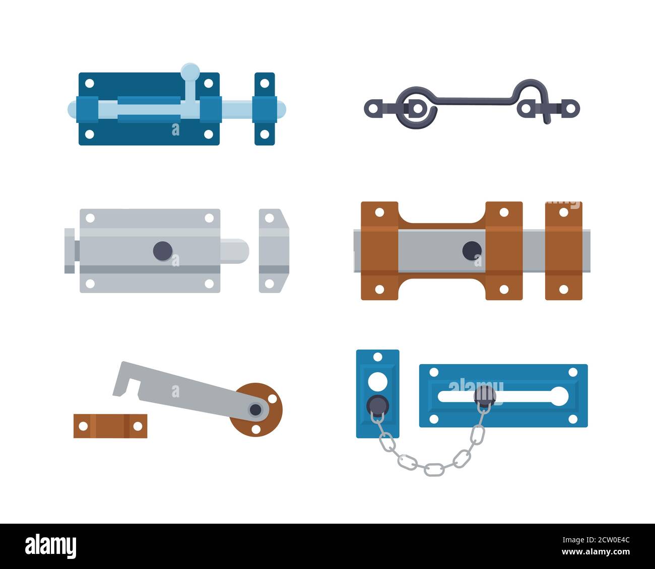 Set of metal gate latchs, door bolts, hooks and chain. Steel safety