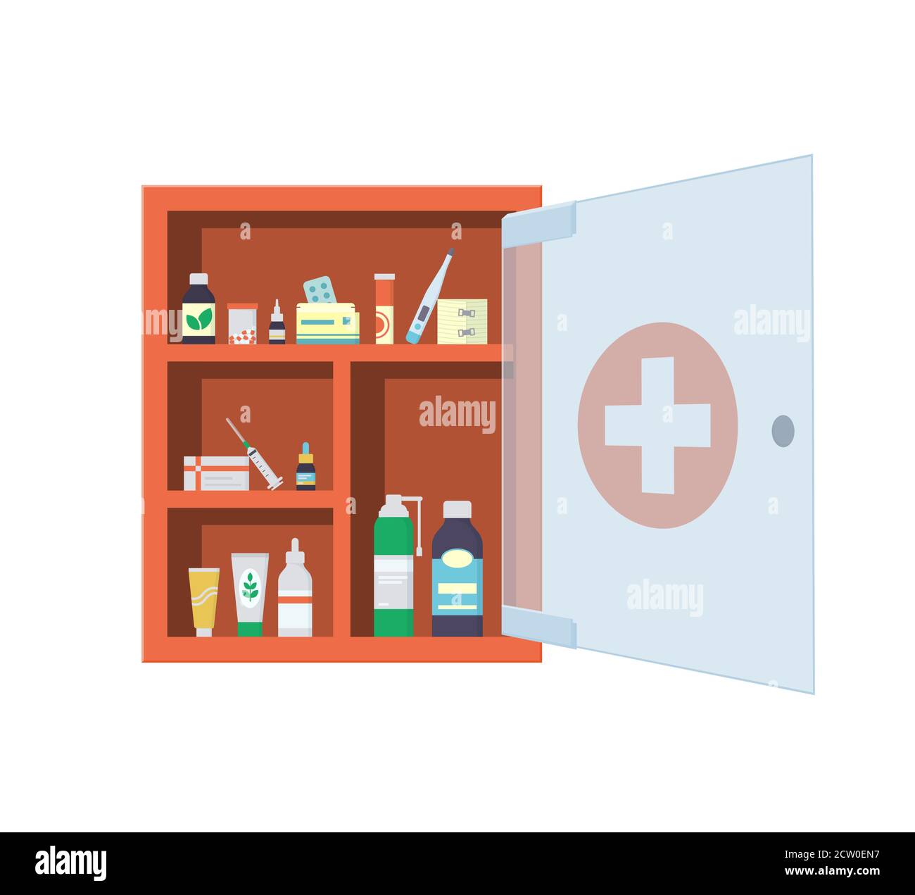 Red medical with open and closed glass transparent door