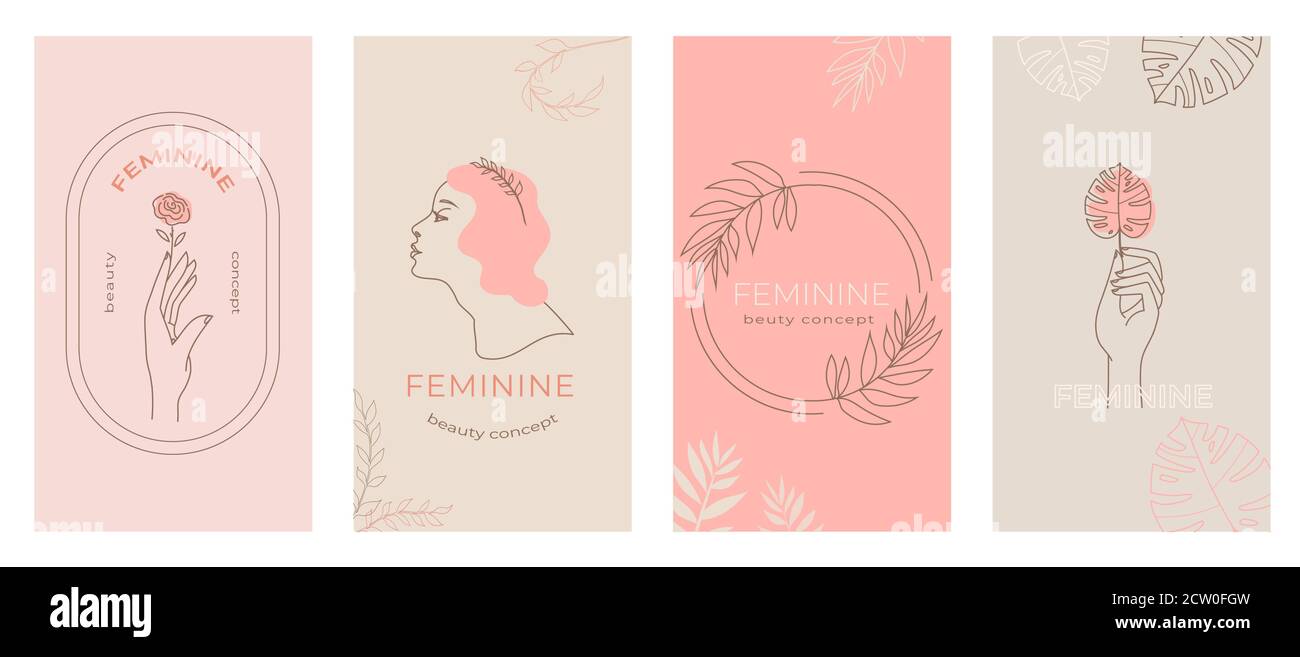 Linear abstract feminine logo emblems vector set Stock Vector