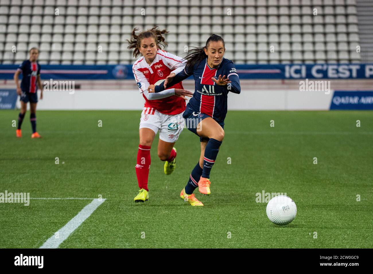 Rachel Corboz of Stade de Reims and Luana Bertolucci of Paris Saint Germain fight for the ball during the Women's French championship D1 Arkema footba Stock Photo