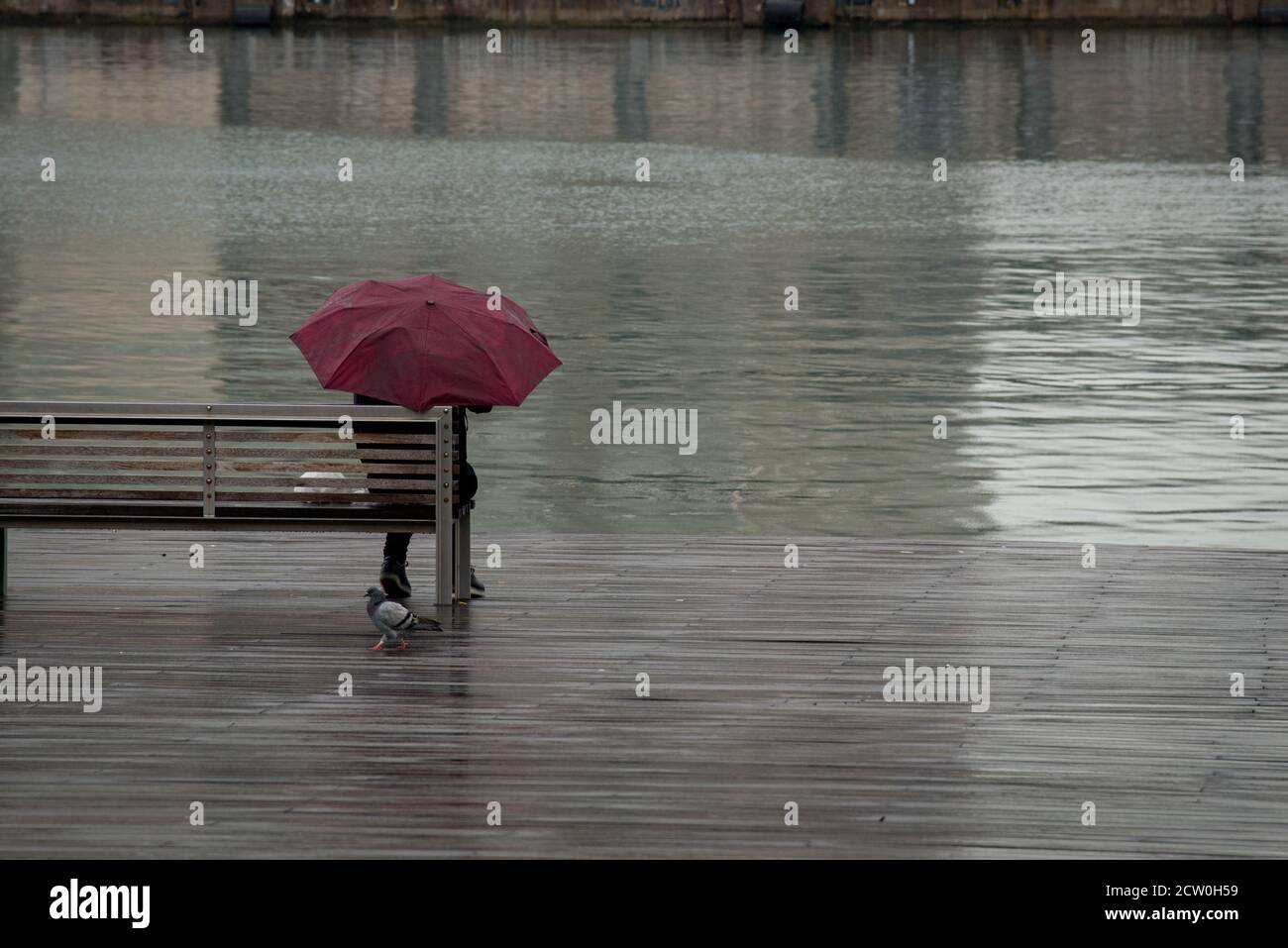 Unrecognizable woman with red umbrella sitting on a wooden bench in the rain Stock Photo