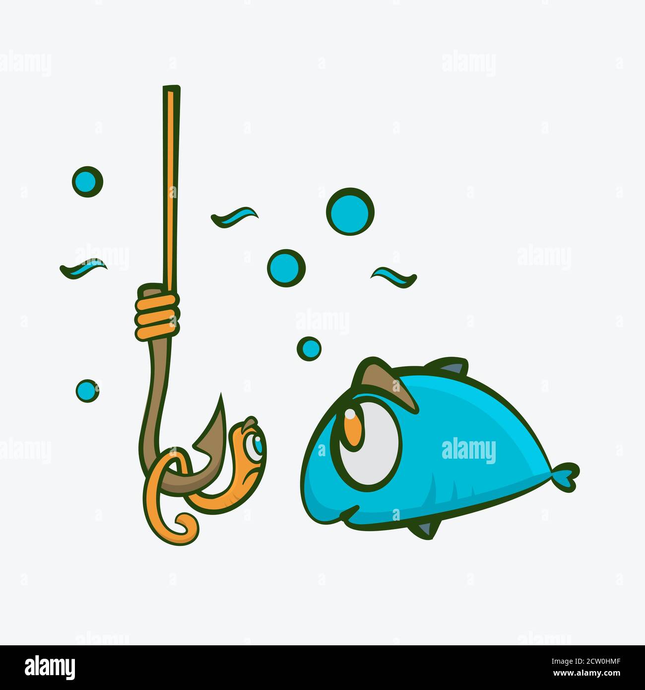 Fish and worm on fishing hook funny kids vector illustration. Stock Vector