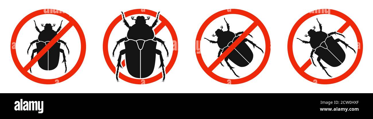 The Chafer with red ban sign. STOP chafer beetle sign isolated. Kill beetles icons set. Vector illustration. Stock Vector