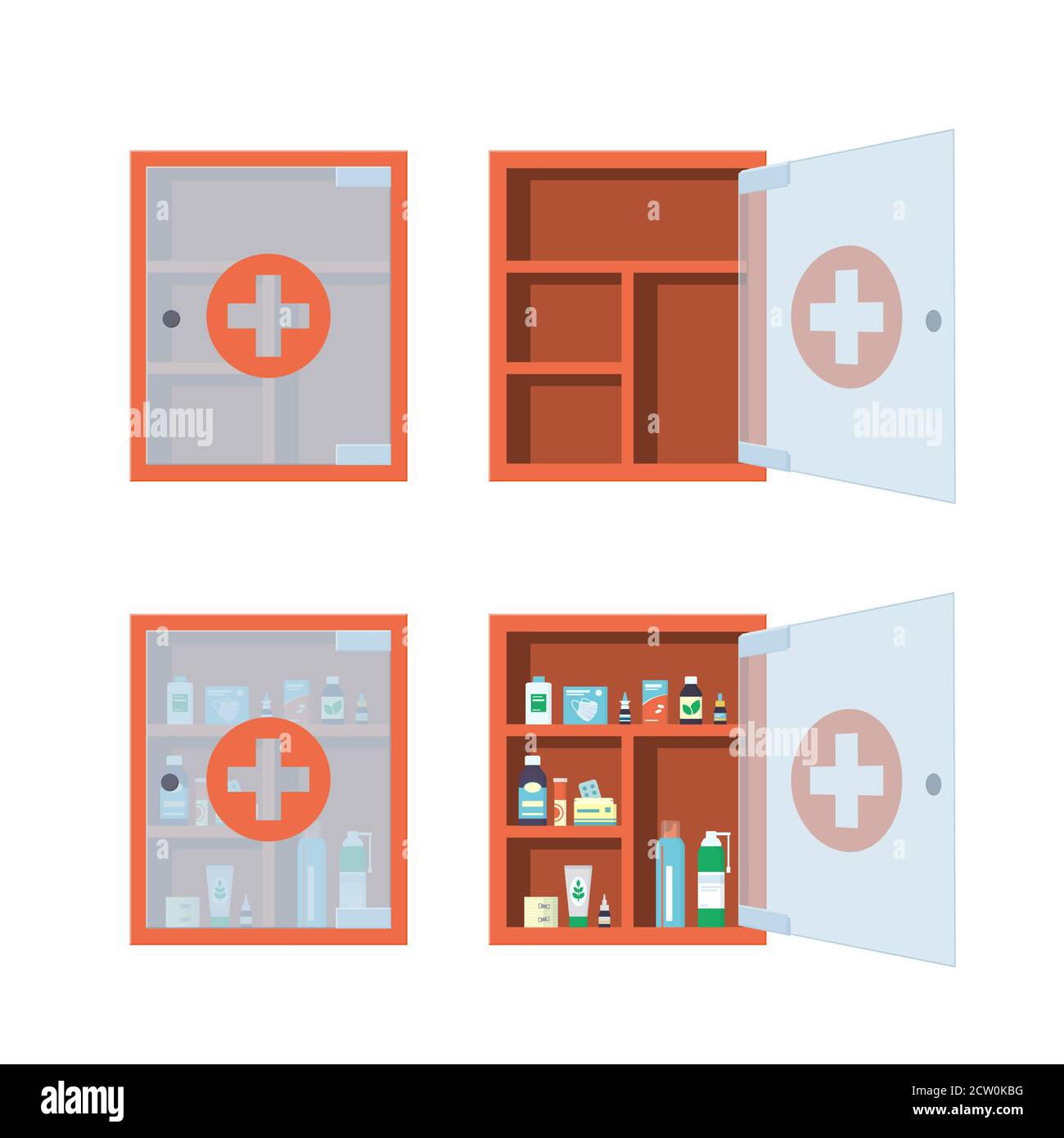 Red medical with open and closed glass transparent door