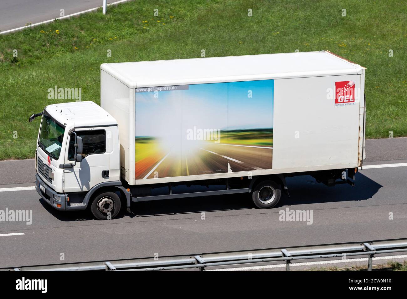 GEL MAN truck on motorway. Stock Photo