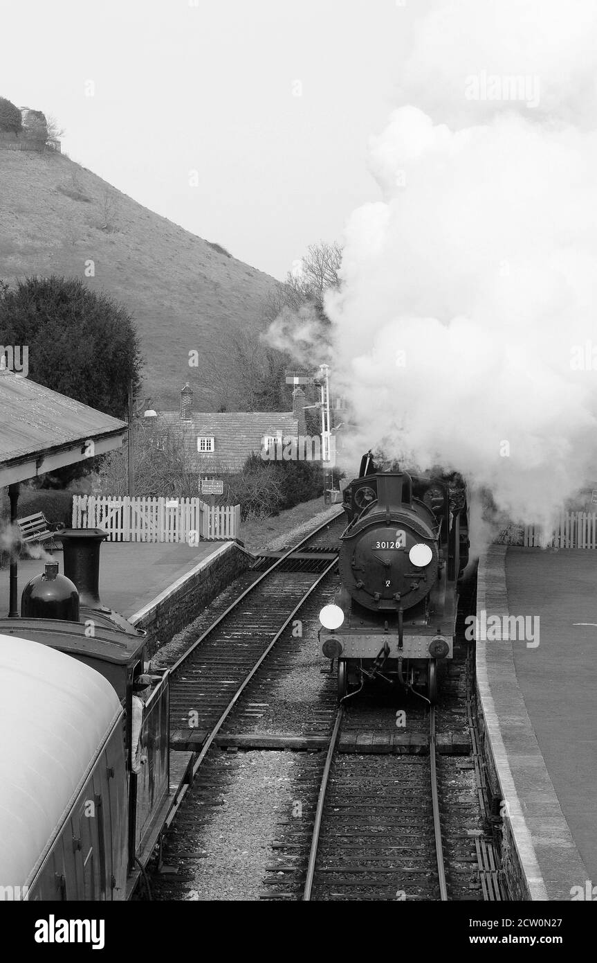 '30120' and 'Manston' double head through Corfe Castle as '30053' waits in the Up platform. Stock Photo