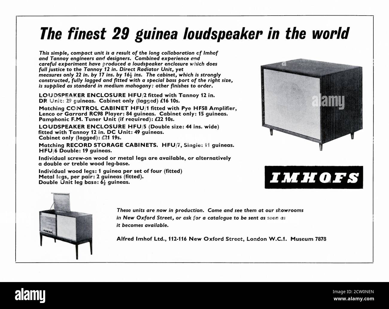 An old advert for Imhofs hi-fi equipment. The photographs show a loudspeaker and a cabinet with a speaker, record player, radio tuner and amplifier within (often called a radiogram). Imhofs were a well-regarded company in home audio equipment and had a large showroom in New Oxford Street, London, England, UK. The advert appeared in a magazine published in the UK in 1956 – vintage 1950s graphics. Stock Photo