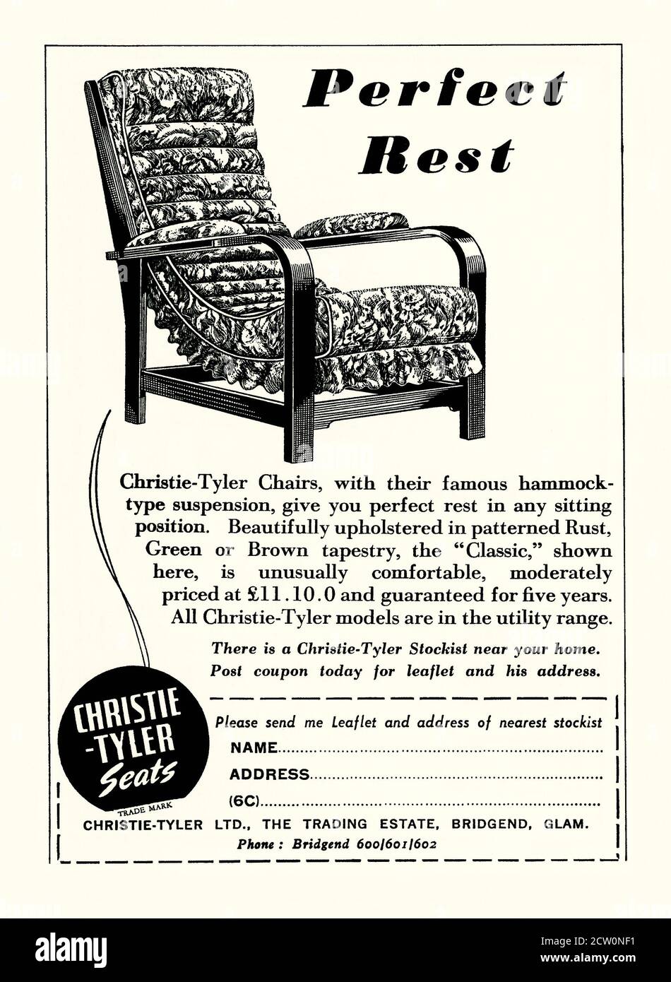 A 1951 magazine advert for Christie-Tyler armchairs. The ‘utility’ chair has hammock style suspension for ‘perfect rest’. Christie-Tyler was established in 1933 and became one of the UK's largest furniture manufacturers. It was based in Bridgend, Glamorgan, Wales, UK. Products include living- and dining-room sets, and bedroom sets. The company fell into administration in 2005. It underwent a management buyout – vintage 1950s graphics. Stock Photo