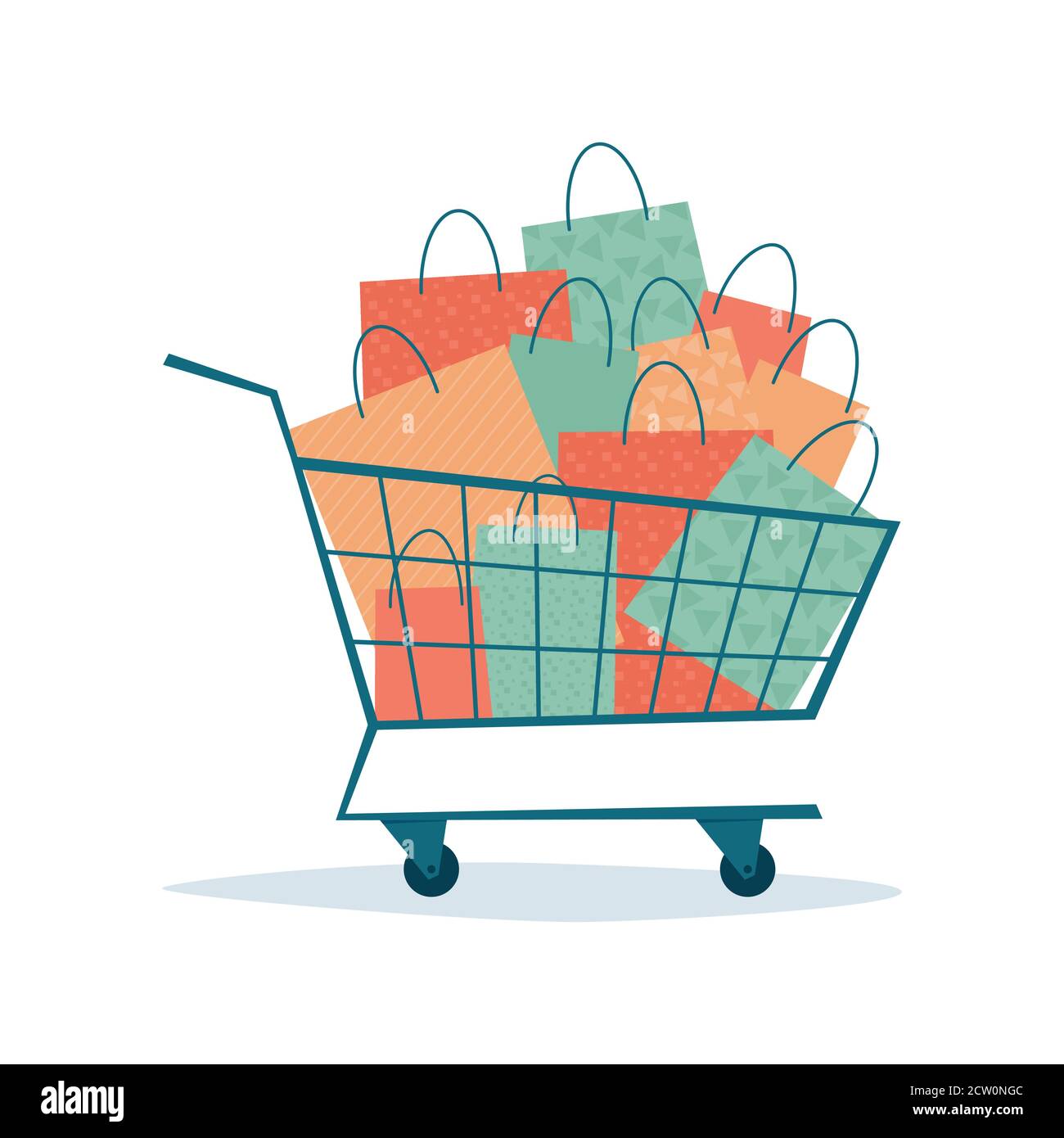 Overflowing shopping cart with paper bags. Symbol of sales and