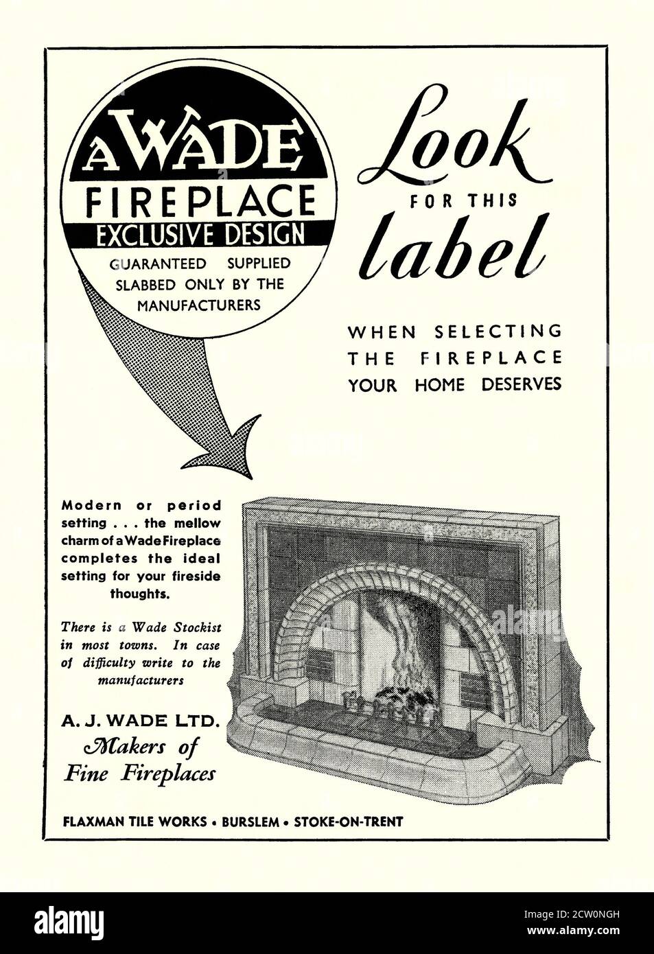 A 1951 magazine advert for a tiled fireplace from A Wade of Burslem, Stoke on Trent, Staffordshire, England, UK. The illustration shows a typical post-war, ceramic fire surround. The Manchester Pottery and the neighbouring Flaxman Tile Works were known as the Greenhead Works, the centre of the Wade pottery empire. The whole area was known as ‘The Potteries’ – vintage 1950s graphics. Stock Photo