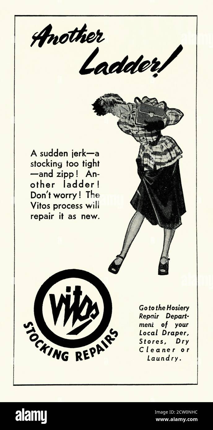 Advert for a Vitos stocking repair kit, 1951. This appeared in the Ideal Home magazine 1st May 1951 - it was a special edition to mark the Festival of Britain that year. The illustration shows a woman with a ladder in one of her stockings. Often a repair to damaged stocking was clear nail polish and hairspray as they helped to stop a run in the nylon getting longer. To actually repair the hole needed hosiery mending thread, a ball point needle and a lot of patience. Stock Photo