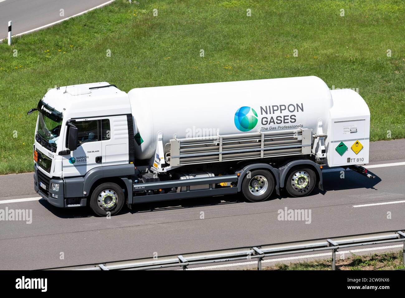 Nippon Gases MAN TGS truck on motorway. Stock Photo