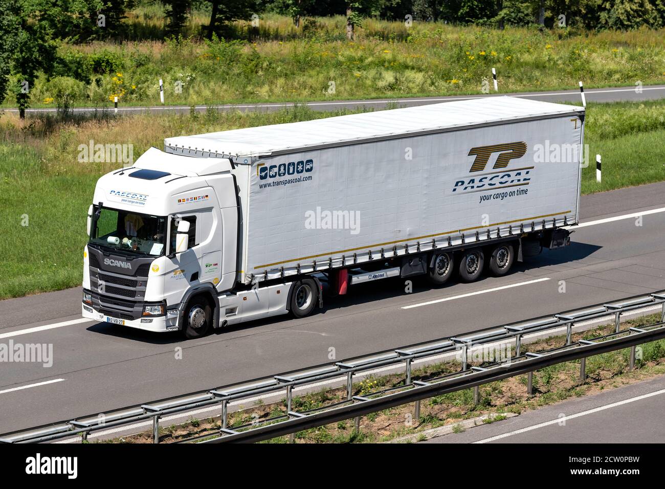 Pascoal Scania R500 truck with curtainside trailer on motorway. Stock Photo