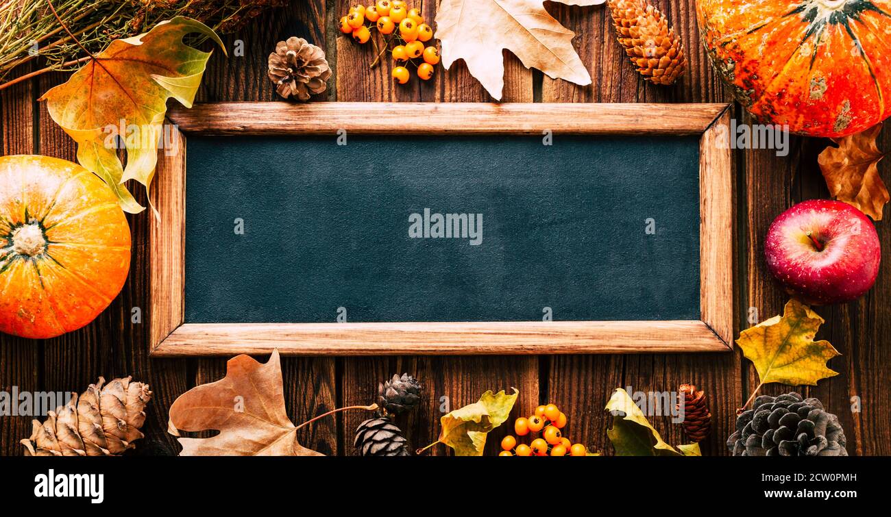 Thanksgiving pumpkins and falling leaves on a rustic wooden table ...