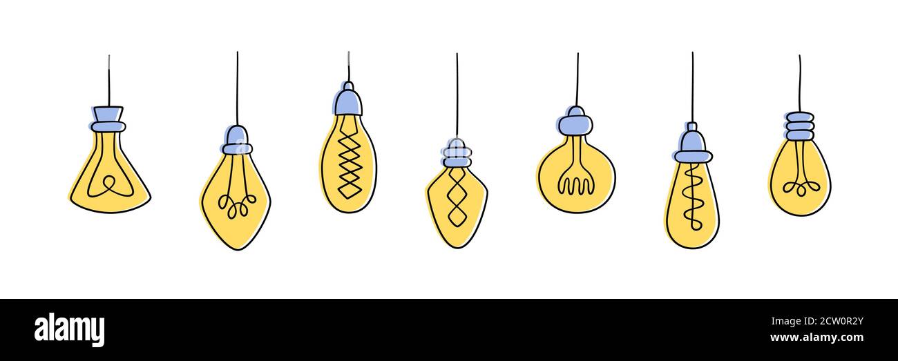 Hand drawn vector set of Light Bulbs. Collection of color loft lamps in ...