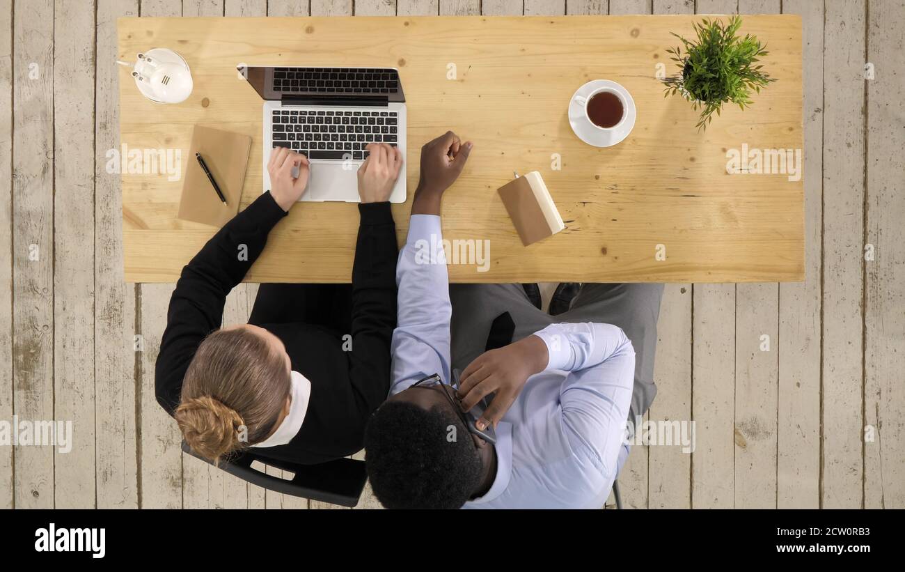 Teamwork process young business managers crew working with new s Stock Photo