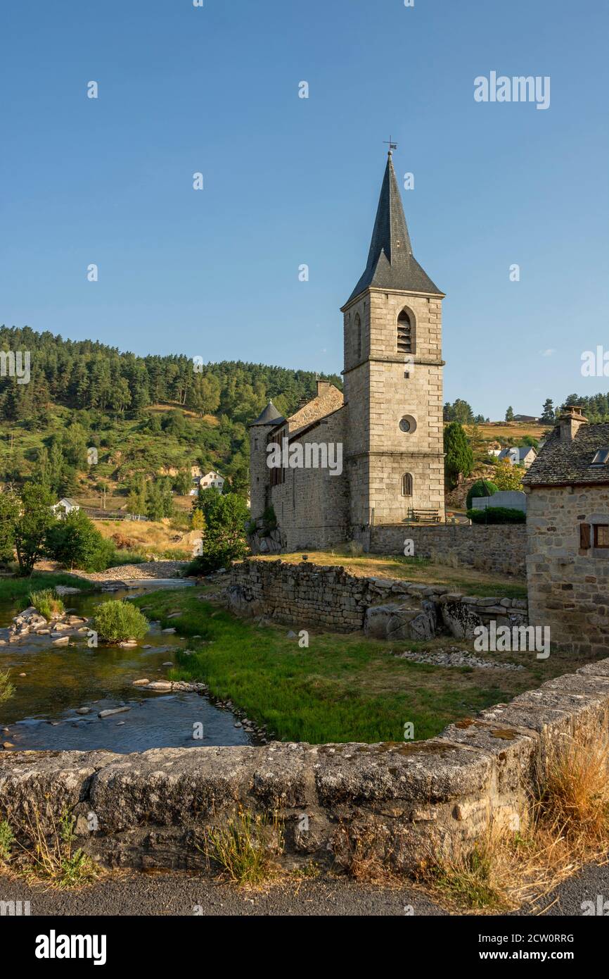 Saint Juery village on river Bès. Church Saint Maurice. Lozere department. Occitanie. France Stock Photo