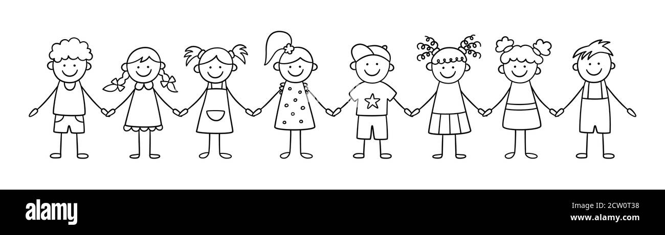Group of funny kids holding hands. Friendship concept. Happy cute doodle children. Isolated vector illustration Stock Vector