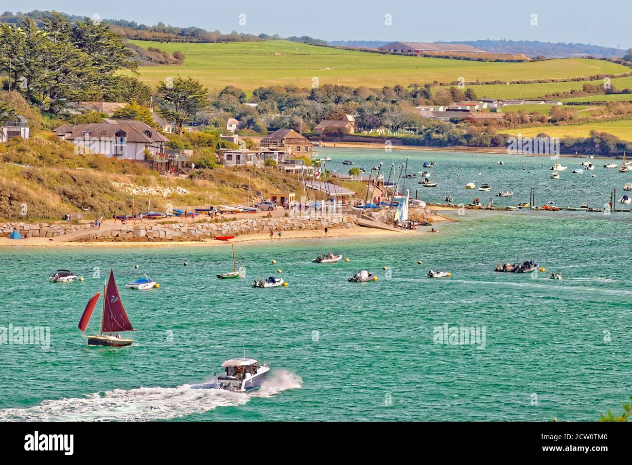 Rock village waterfront on the River Camel estuary, North Cornwall, England. Stock Photo
